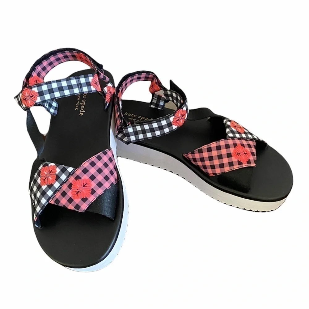 New Kate Spade Dotty Ankle Strap Floral Check Platform Sandal size 7.5